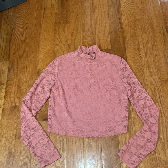 CALLLIOP LACE PINK CROPPED TOP LONG SLEEVES HIGH NECK BUTT BACK - Picture 6 of 8